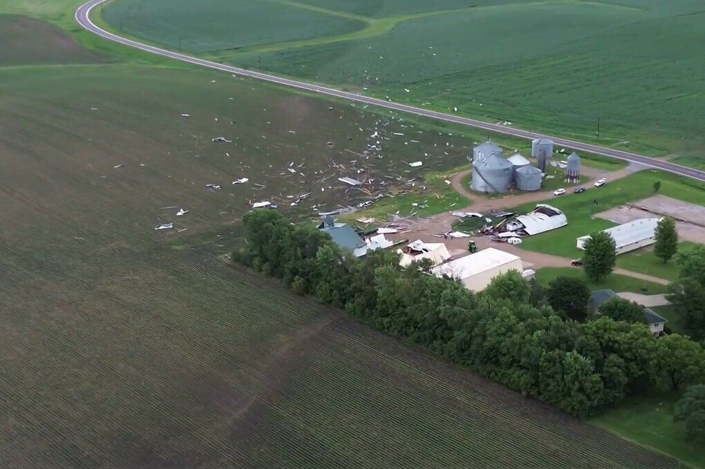 Drone shows birdseye view of Minnesota tornado path and destruction